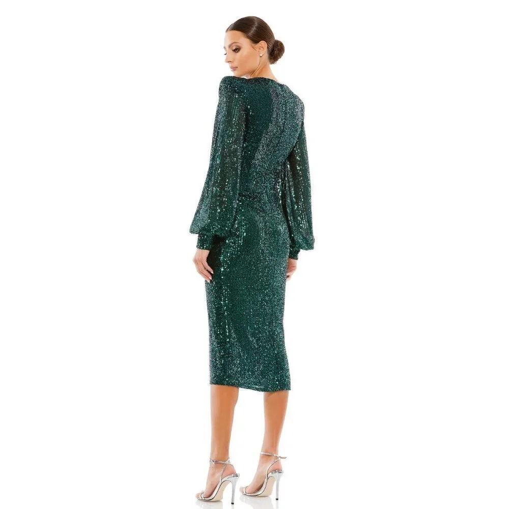 NWT Mac Duggal Sequined Structured Bishop Sleeve Midi Dress Black Emerald #8480